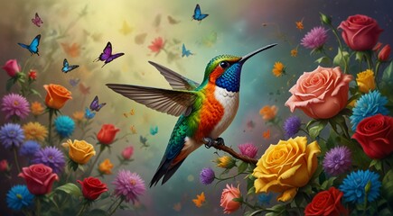  colorful bird with flowers and butterflies in a frame, birds and butterflies