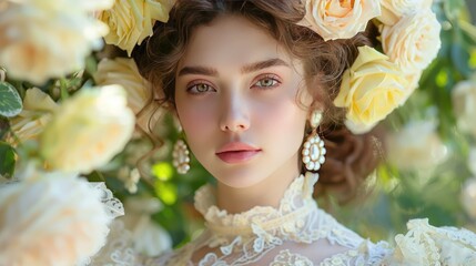 Young woman with head surrounded by flowers