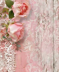 vintage scrapbook paper, shabby chic roses and scrollwork, pink tones, watercolor on vintage wood background