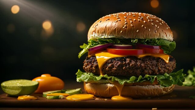 Video animation of close up of a gourmet cheeseburger placed on a wooden surface. The burger is visually appealing and mouthwatering.