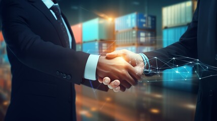 Smart logistics, Global business concept. Businessman making handshake for successful business, investment deal teamwork and partnership business partners on logistic global network and supply chain.