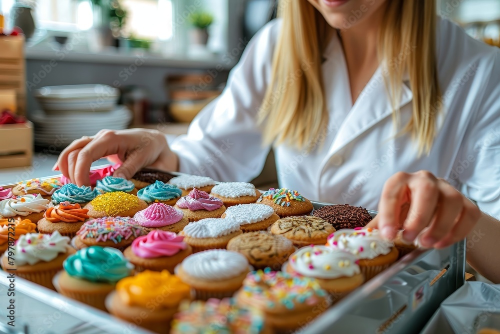 Poster an array of sumptuously decorated cupcakes arranged meticulously in a box for presentation