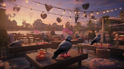 Fototapeta premium Fashionable pigeons indulging in creative cocktail concoctions at a chic outdoor bar, surrounded by trendy decor and upbeat music.