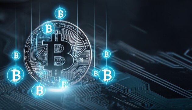 Cryptocurrency background concept,hologram of bitcoins on electronic circuit board chip