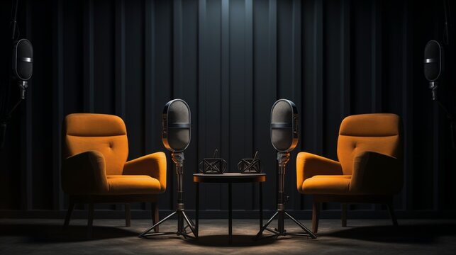 two chairs and microphones in podcast or interview room isolated on dark background as a wide banner for media conversations or podcast streamers concepts with copyspace.