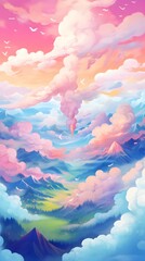 Awe Inspiring Panoramic Sunset Over Ethereal Mountain Landscape in Watercolor Style