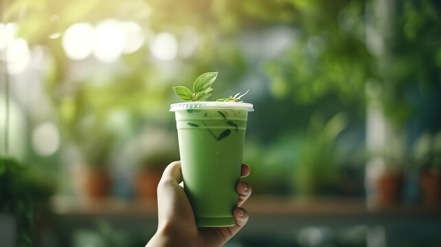 A person's hand presenting a vibrant green matcha latte garnished with fresh basil leaves, in a natural garden setting with soft sunlight.
