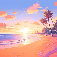 Breathtaking Tropical Sunset Beach with Swaying Palm Trees in Watercolor Painting Style - obrazy, fototapety, plakaty