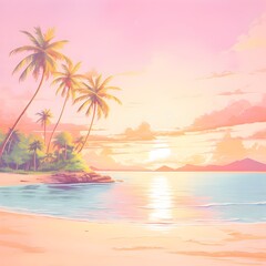 Breathtaking Tropical Beach Sunset Landscape in Vibrant Watercolor Style - obrazy, fototapety, plakaty