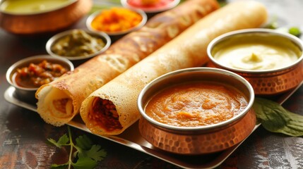 A colorful array of Indian dosas served on a traditional platter, accompanied by chutneys and sambar for a deliciously authentic experience. - obrazy, fototapety, plakaty