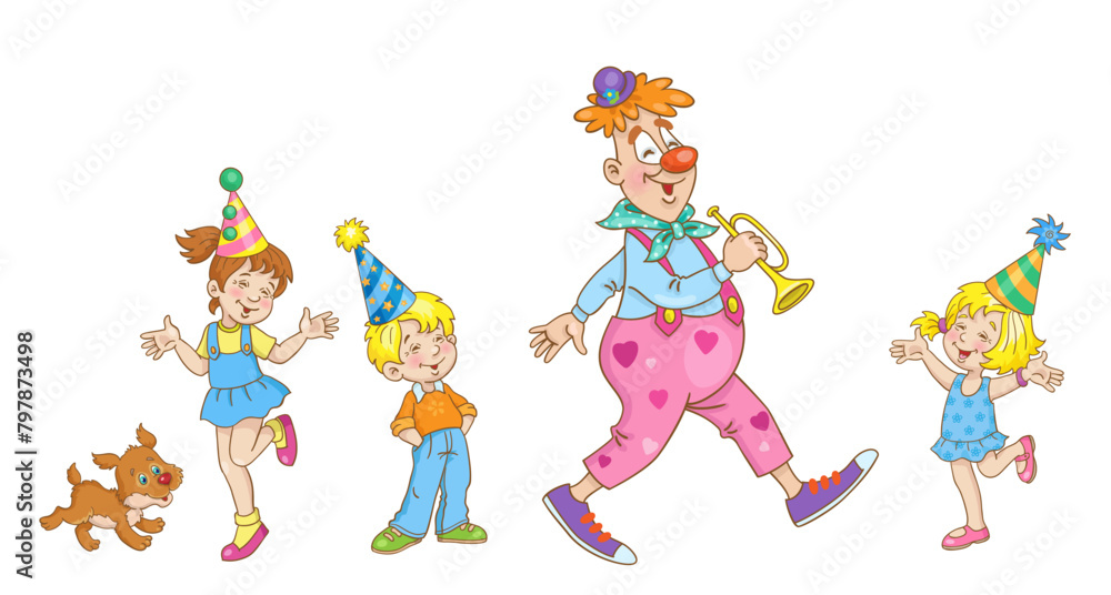 Canvas Prints Children greet a cheerful clown. Isolated on white background. Vector illustration.