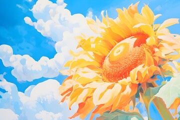 Captivating Low Angle View of a Vibrant Blooming Sunflower Reaching Towards the Sunlit Sky - obrazy, fototapety, plakaty