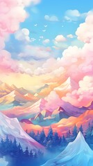 Captivating Panoramic View of Serene Mountain Range at Sunset with Ethereal Gradient Hues - obrazy, fototapety, plakaty