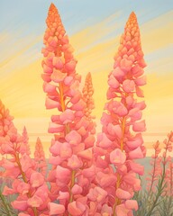 Captivating Panorama of Vibrant Coral Bells in Golden Sunset Glow - obrazy, fototapety, plakaty