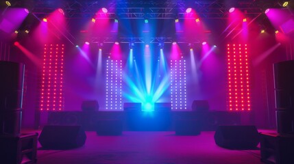 A concert stage illuminated with colorful lights and powerful speakers ready to rock - obrazy, fototapety, plakaty