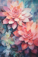Captivating Succulent Foliage in Vibrant Watercolor Inspired - obrazy, fototapety, plakaty
