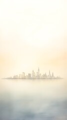 Fototapeta premium Dreamlike Cityscape Shrouded in Misty Dawn Haze Rendered in Watercolor and Pen