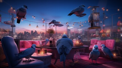 Fashionable pigeons indulging in creative cocktail concoctions at a chic outdoor bar, surrounded by trendy decor and upbeat music.