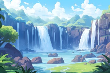 Mesmerizing Cascading Waterfall in Verdant Tropical Paradise with Shimmering Sunlit Waters