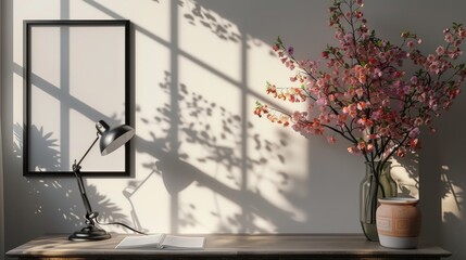 The desk lamp, book, and potted plant on the windowsill