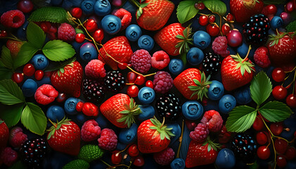 Fresh ripe summer organic berries harvest on digital concept, Generative AI.