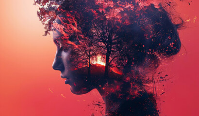 Profile woman  double exposure against the background of a nature disaster, Forest fire, volcano eruption. Environmental protection concept banner. International Mother Earth Day