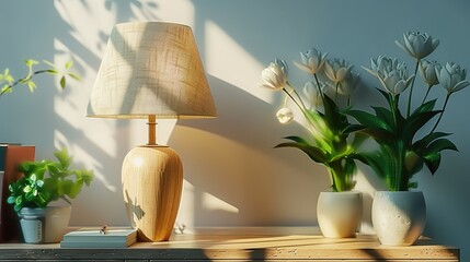The desk lamp, book, and potted plant on the windowsill