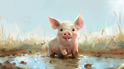 A cute cartoon pig covered in mud is smiling at the viewer.