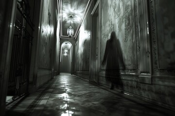 A ghostly figure walking down a dark hallway .