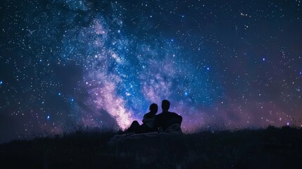 A couple stargazing in a remote wilderness, lying on a blanket under a canopy of twinkling stars, lost in the beauty of the night sky.