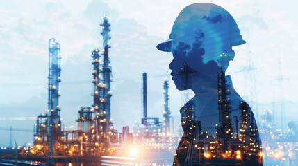 Engineer with oil refinery industry plant background. Industry, production, factory. Double exposure.