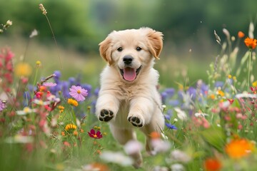 A Golden Retriever puppy exhibiting exuberant joy as it leaps through a field of wildflowers, its tongue extended in pure elation.