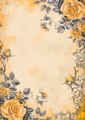 vintage-style background with yellow roses and swirls, in the style of junk journal paper design