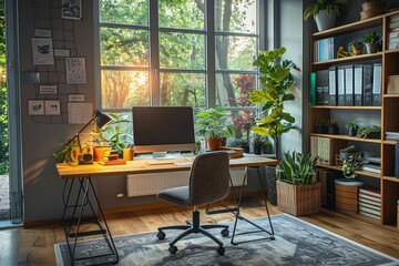A well-organized home office with a large window, green plants, and a comfortable chair, ideal for work or study