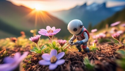 micro world and a small friendly creature planting flowers, alien world, photorealistic, detailed, very small, shallow depth of field, fantasy - obrazy, fototapety, plakaty