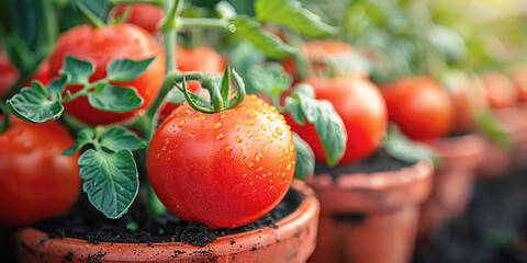 Red ripe tomatoes grown in pots on the balcony, terrace, windowsill. Close-up. - Powered by Adobe