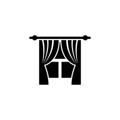 A simple black and white icon depicting a curtain or drape covering a church-style window, representing the interior space and spiritual aspects of religious building. Vector icon for website design