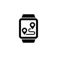 A simple black and white icon depicting a smartwatch with map location markers, symbolizing global positioning, navigation, and real-time tracking capabilities. Vector icon for website design, logo.