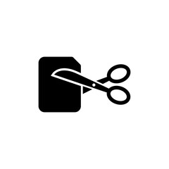 A pair of scissors cutting through a SIM card, representing the concept of SIM card removal, switching devices, or customizing mobile technology. Vector icon for website design, logo, app, ui.