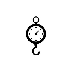 A simple black and white icon depicting a hanging weight or fishing scale, symbolizing measurement, weighing, or monitoring. Vector icon for website design, logo, app, ui. © Valentyna