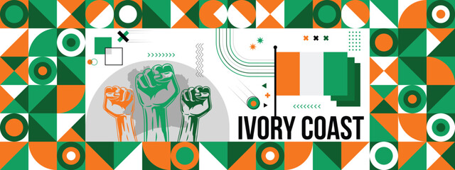  Flag and map of Ivory Coast with raised fists. National day or Independence day design for Counrty celebration.