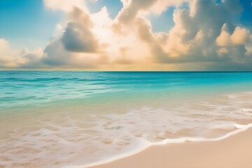 Obraz premium Beautiful sandy beach with white sand and rolling calm wave of turquoise ocean on Sunny day. White clouds in blue sky are reflected in water. Maldives, perfect aerial scenery. 