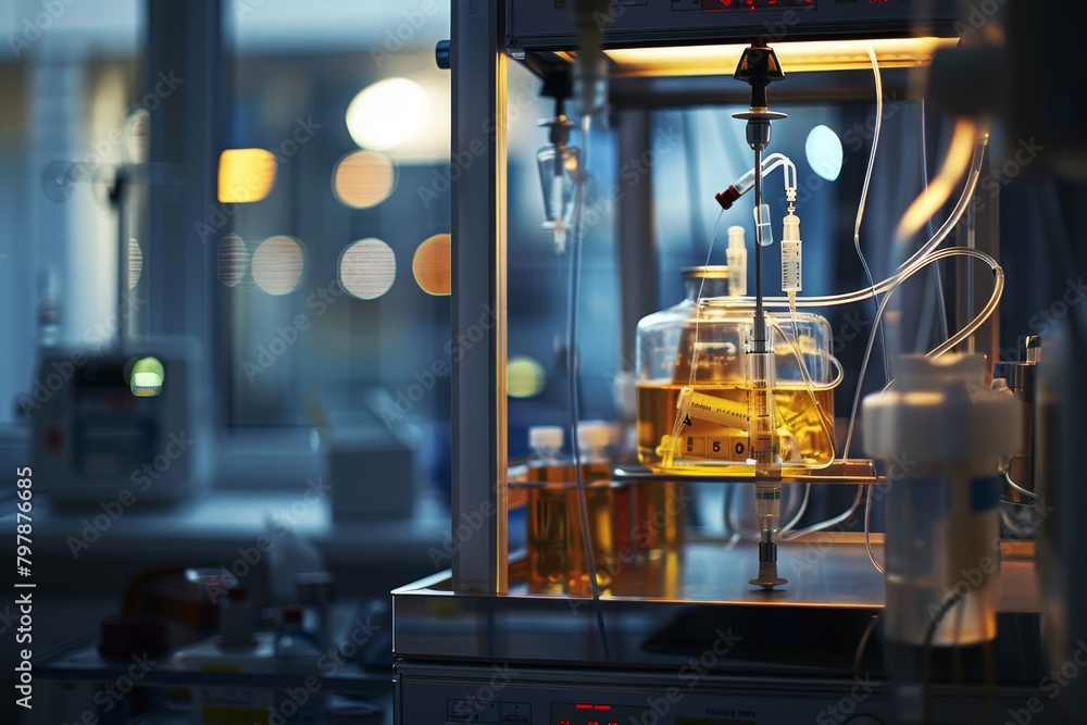 Aufkleber a lab bench with a computer monitor and a bottle of green liquid on it