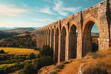 A historic aqueduct stretching across a sun-drenched valley, its ancient stone arches standing as a testament to engineering marvels of the past. - obrazy, fototapety, plakaty