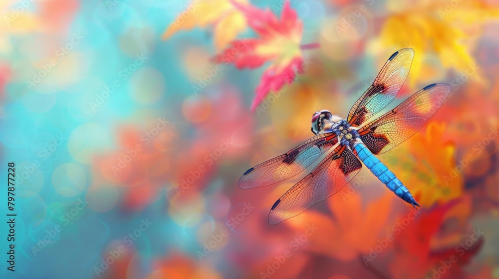 Poster a dragonfly captured in flight against a backdrop of colorful autumn leaves, symbolizing the fleetin
