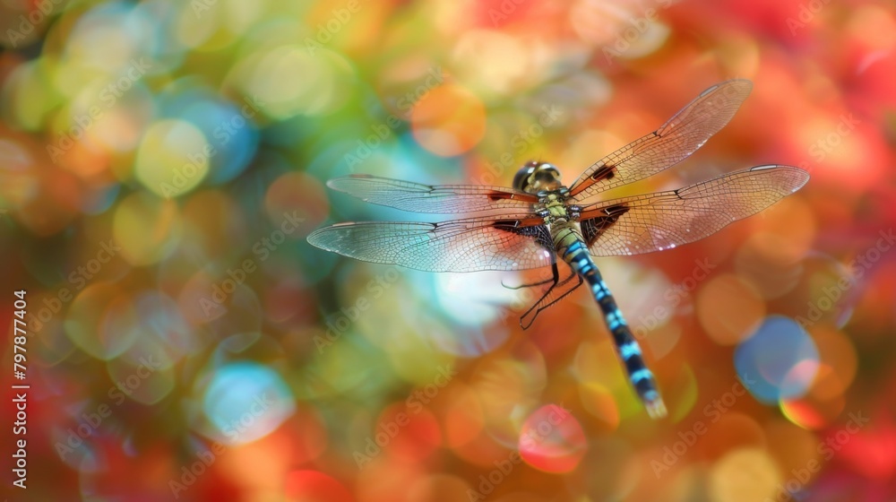 Poster a dragonfly captured in flight against a backdrop of colorful autumn leaves, symbolizing the fleetin