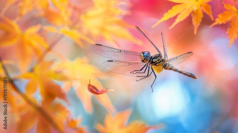 Poster a dragonfly captured in flight against a backdrop of colorful autumn leaves, symbolizing the fleetin