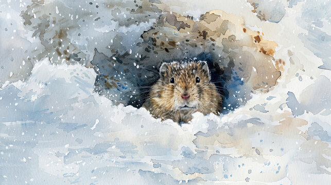 A watercolor painting of a lemming peeking out of its burrow in the snow.