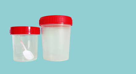 Disposable plastic sample testing container isolated on blue background with space for text.