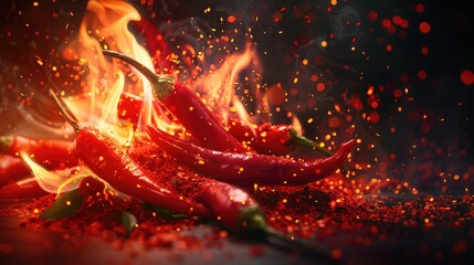 A powerful explosion of red dust floating with red hot chili peppers on a maroon background, Gourmet hot spices, Organic healthy plant food concept, Source of capsaicin
